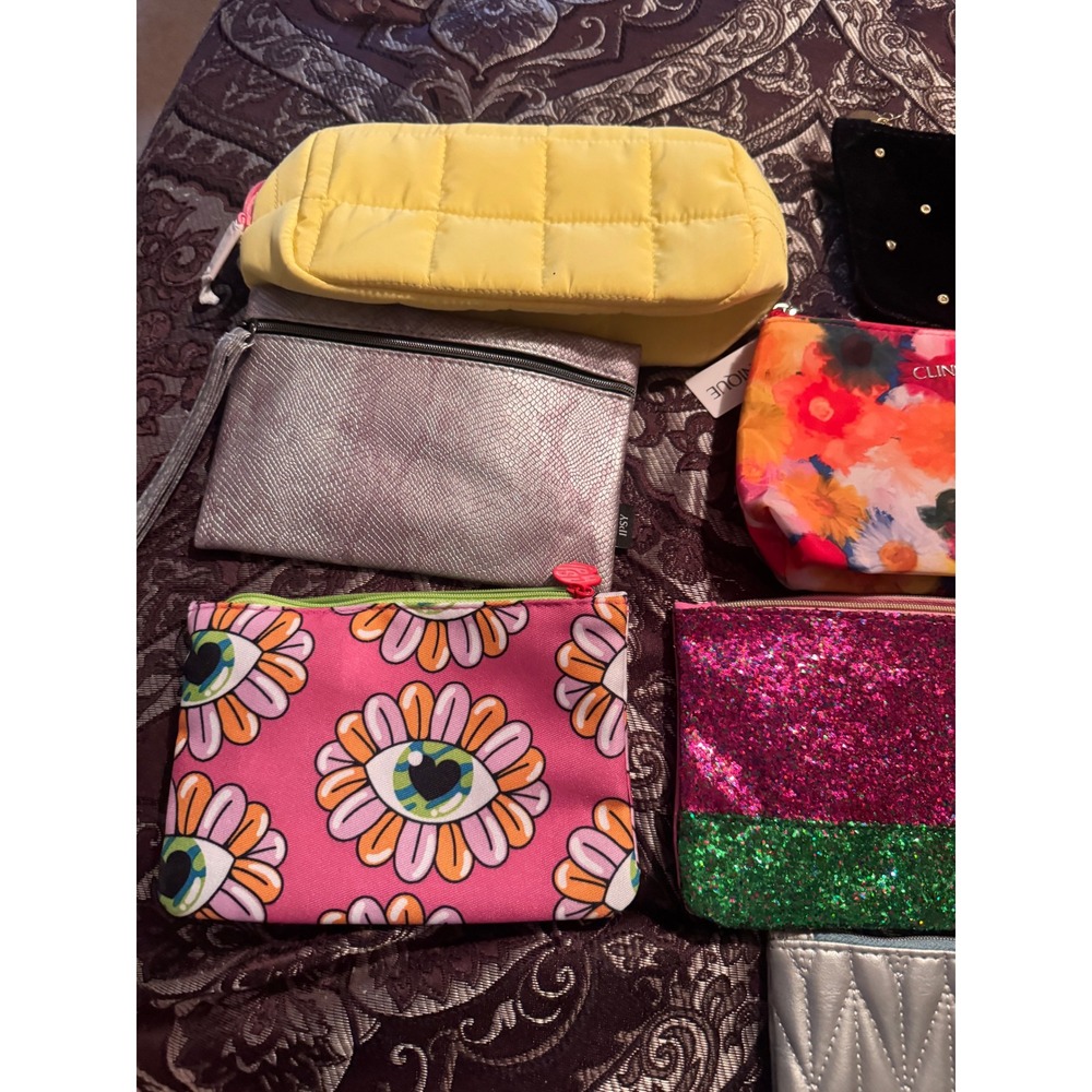 Lot 11 Ipsy Clinique Cosmetic Bags New Makeup Pouches Floral Glitter Velvet Blue - Picture 2 of 6